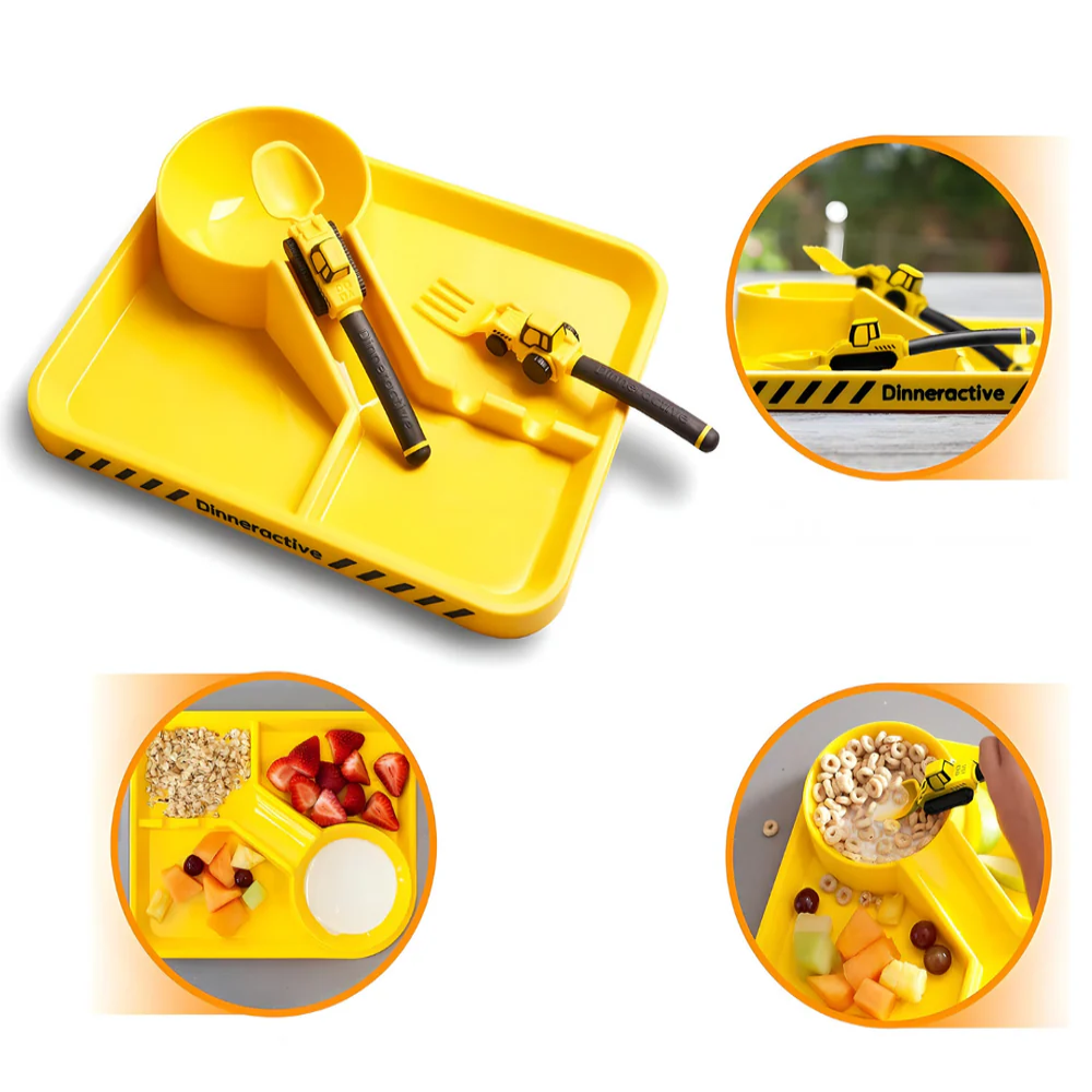 Zabavni dečiji set za jelo – tanjir sa pregradama , viljuška i kašika kao traktor i bager