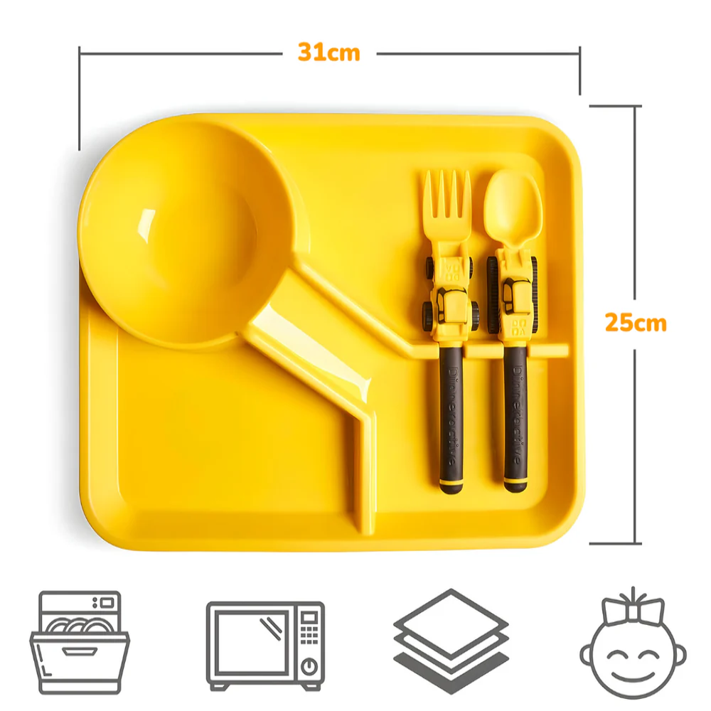 Zabavni dečiji set za jelo – tanjir sa pregradama , viljuška i kašika kao traktor i bager