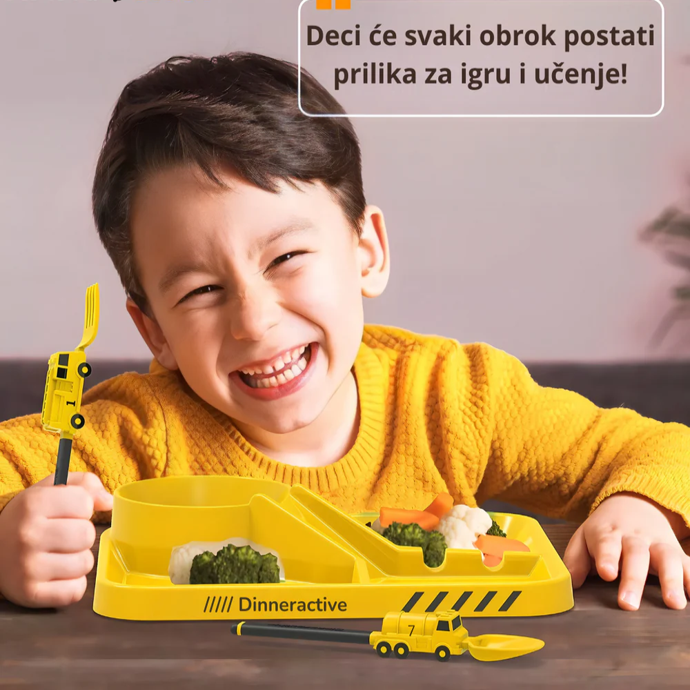Zabavni dečiji set za jelo – tanjir sa pregradama , viljuška i kašika kao traktor i bager