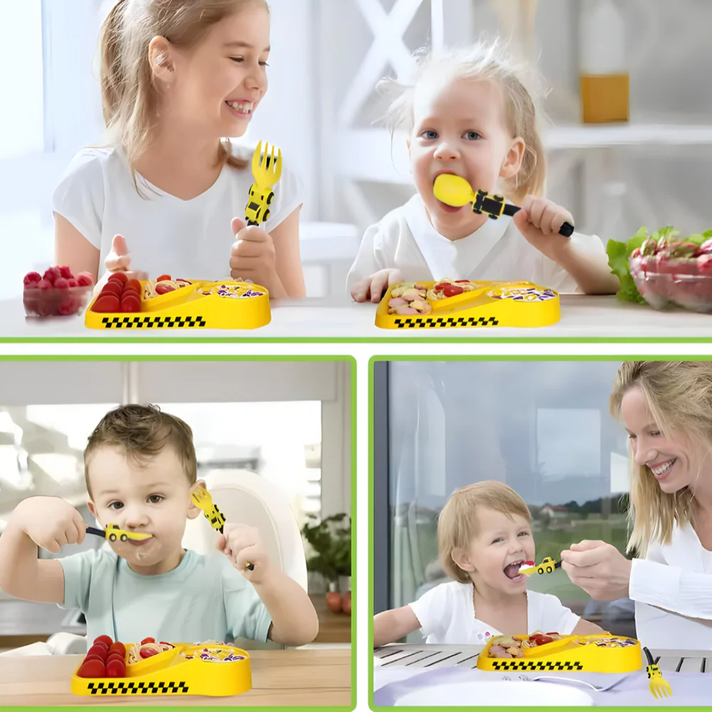 Zabavni dečiji set za jelo – tanjir sa pregradama , viljuška i kašika kao traktor i bager