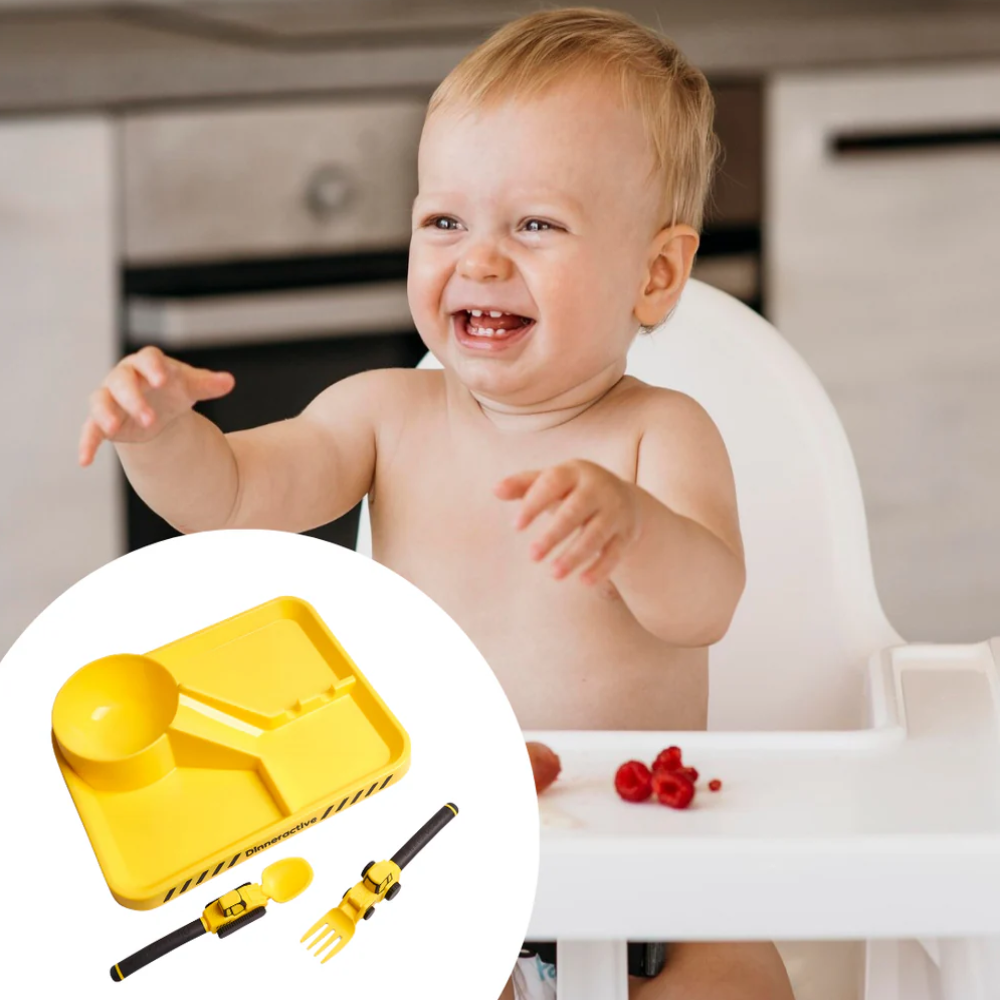 Zabavni dečiji set za jelo – tanjir sa pregradama , viljuška i kašika kao traktor i bager